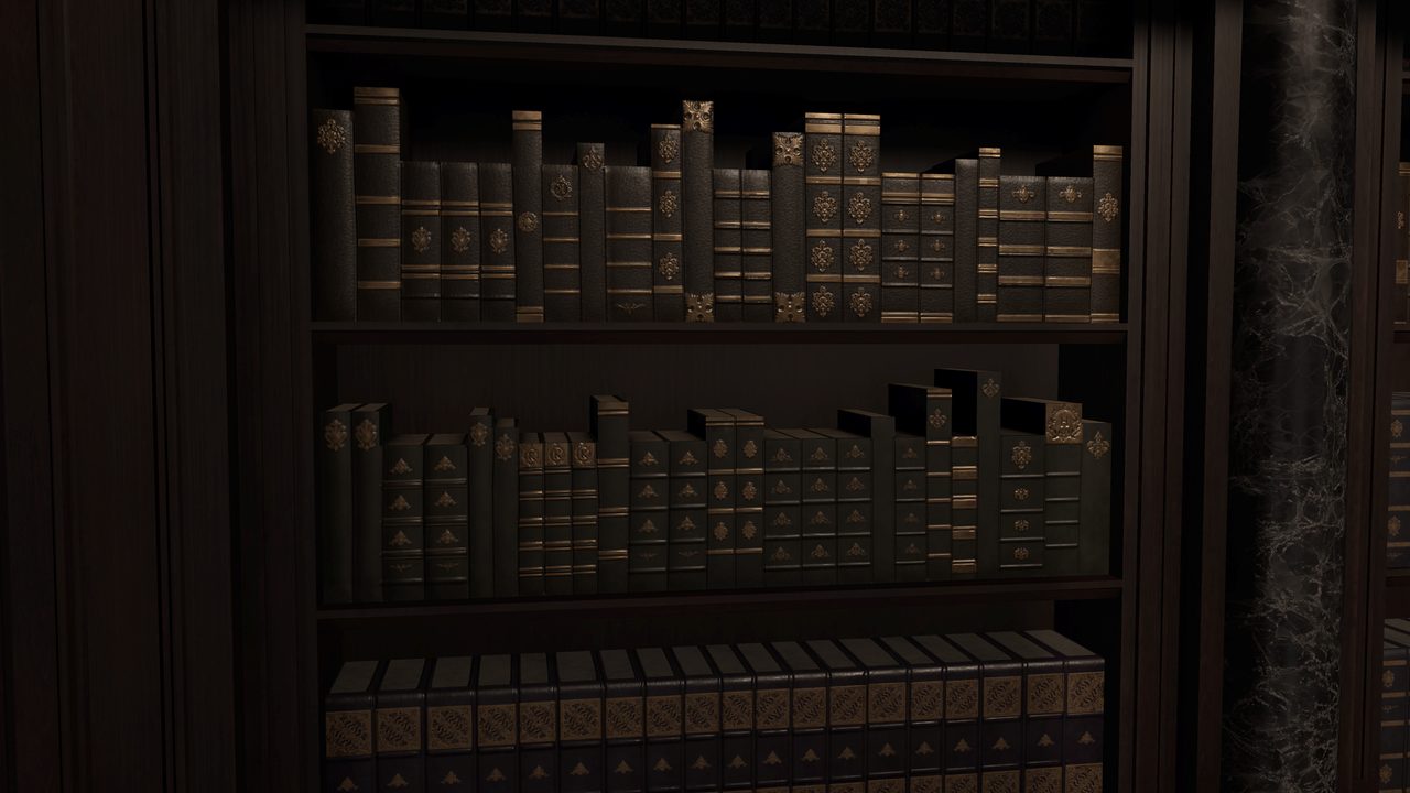 Bookcases filled with leather-bound volumes