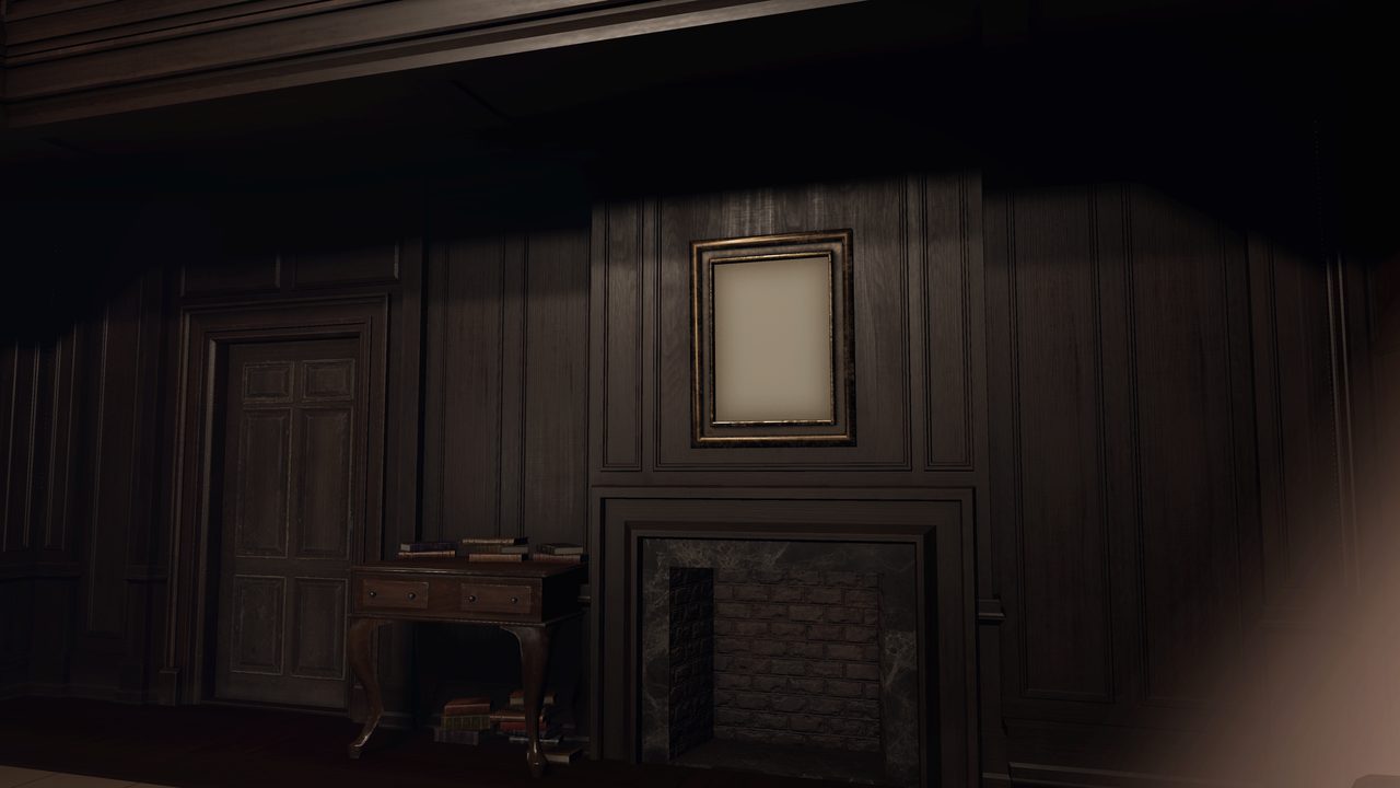Panelled fireplace wall in the library