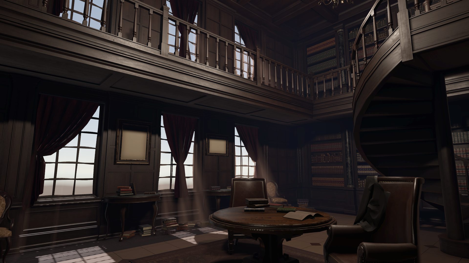A two-story Victorian library lit by low sunlight through tall windows
