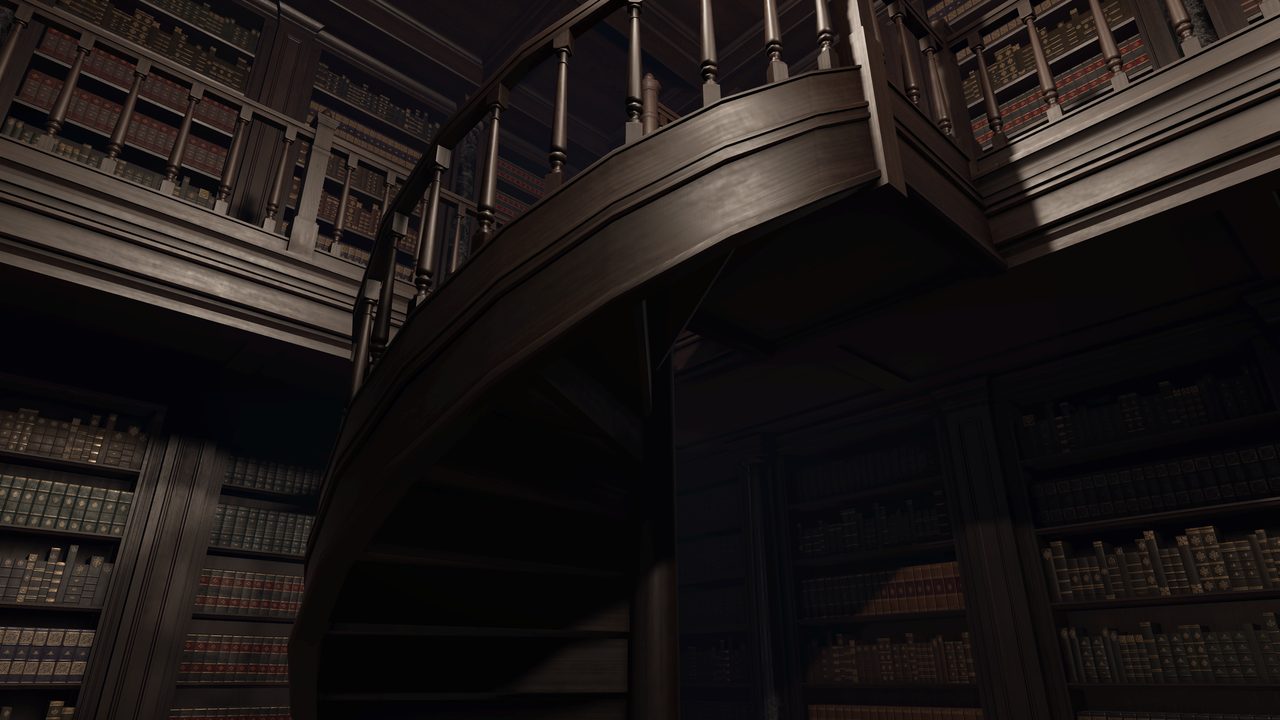 Spiral staircase rising to the upper level of the library