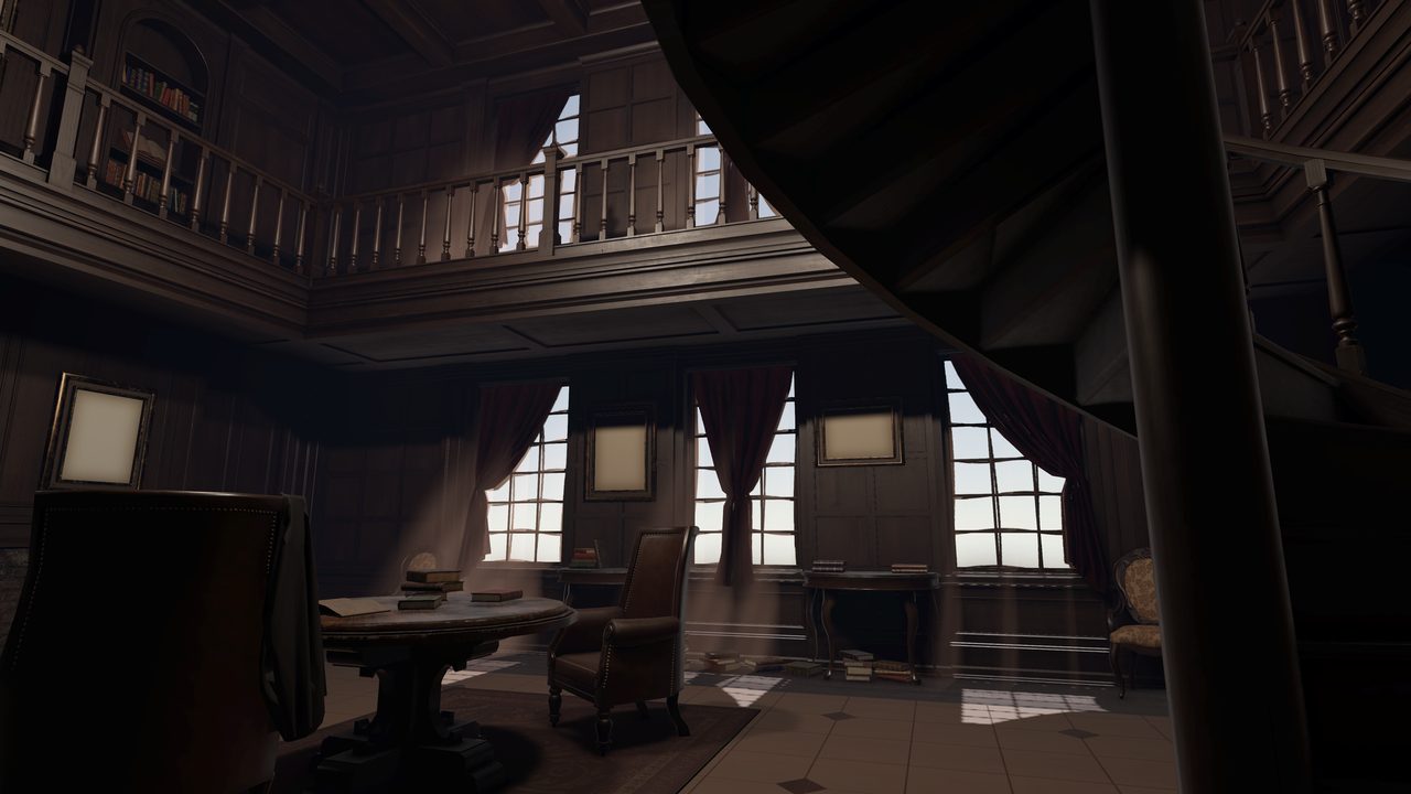 Wide view of the two-story Victorian library