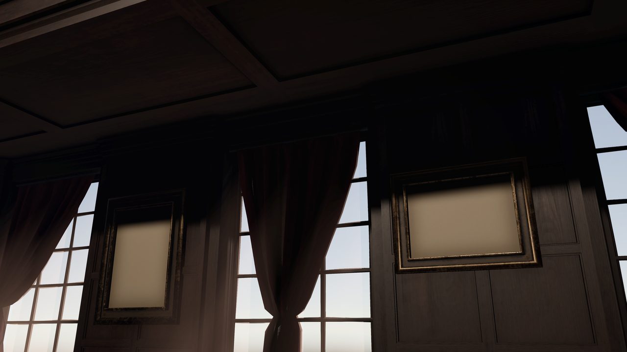 Sunlight falling through a tall window with red curtains