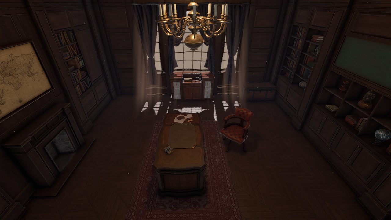 The study seen from above: desk, armchair, chandelier and bay window